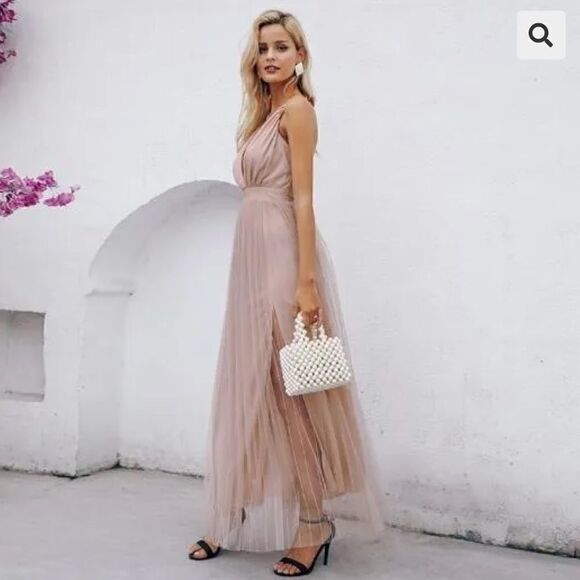 Tulle Pink Mesh Lace Dress, Elegant V-Neck Evening Dress, Autumn Winter Sexy - Picture 1 of 14